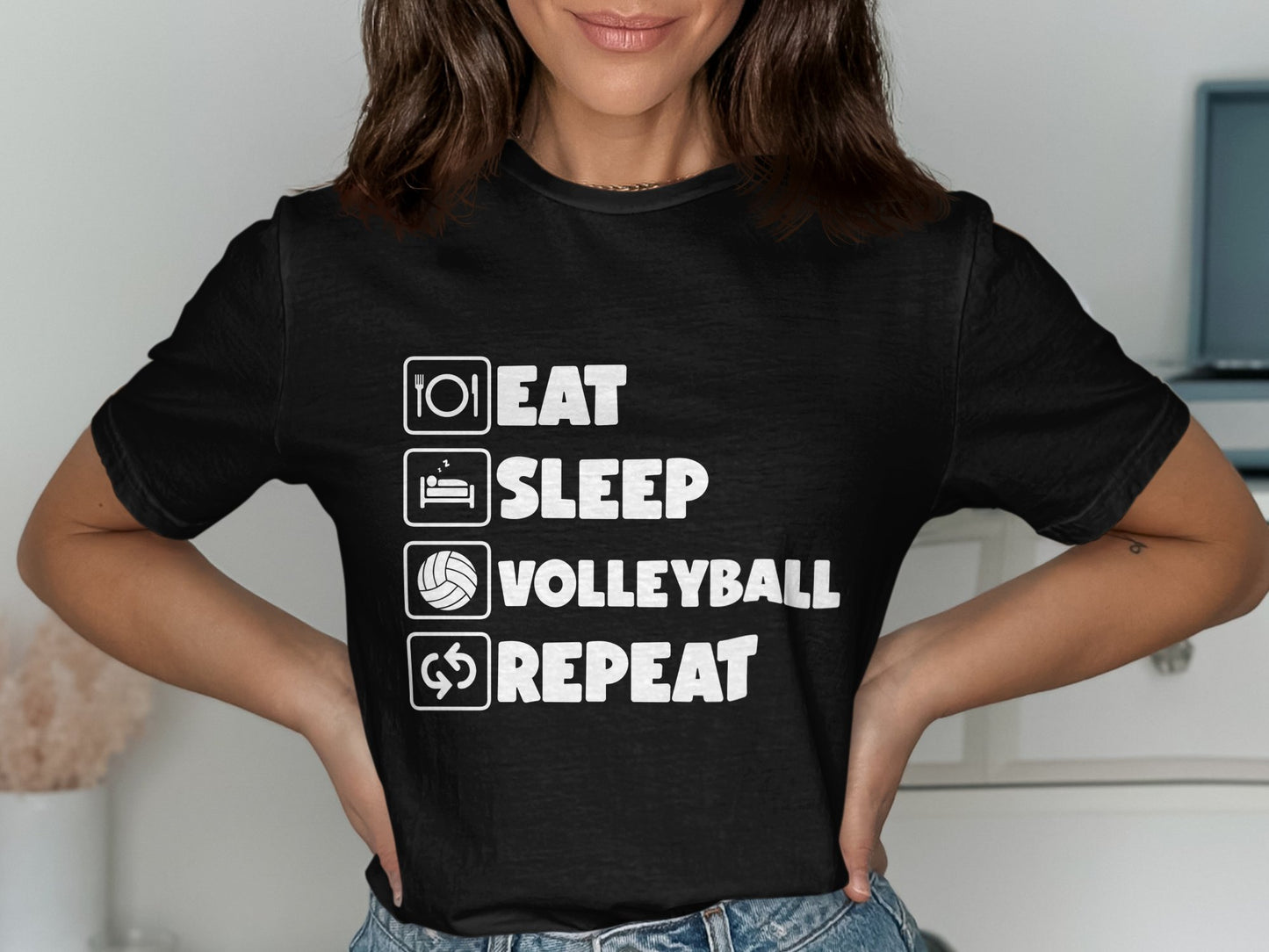 Eat sleep volleyball repeat- white font